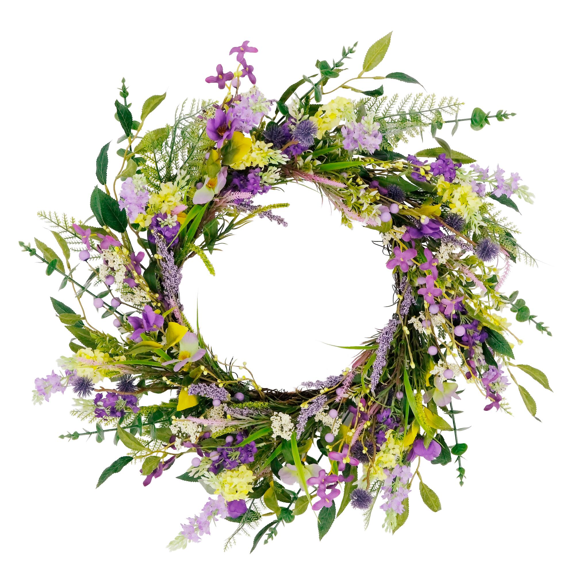 6 Pack: 24'' Green & Purple Lavender Floral Spring Wreath